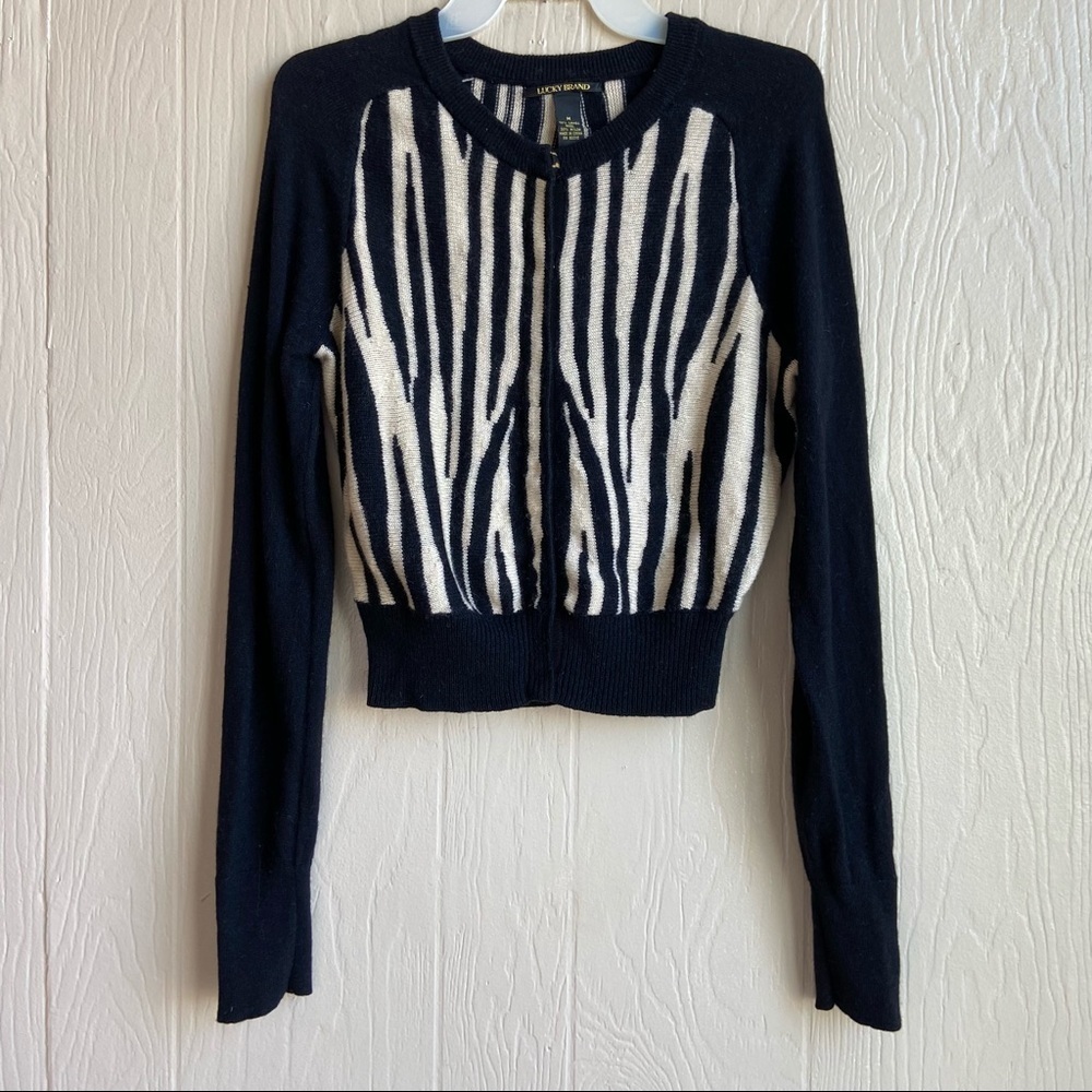 Lucky Brand 70% Lambswool Zebra Print Top/Cardigan Soft Sweater.